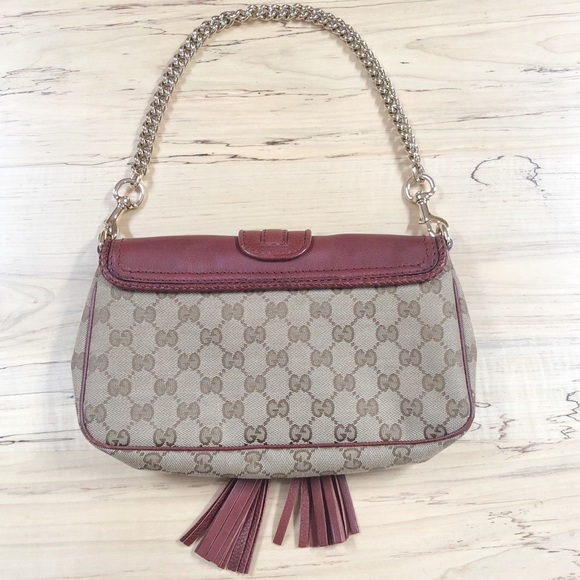Gucci 🤎 Marrakech burgundy red leather & canvas shoulder bag w/ tassel - Picture 2 of 8